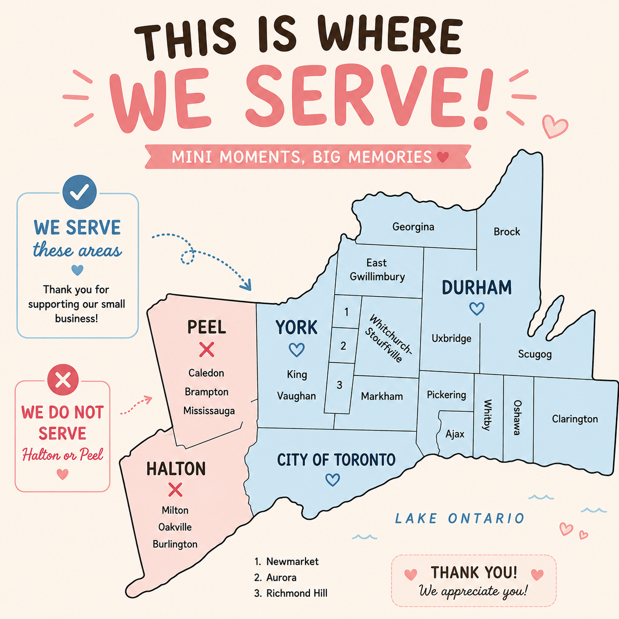 Map showing Munchkins & Minis service area: Durham, York, Toronto, Newmarket, Aurora and Richmond Hill. Halton and Peel are not served.
