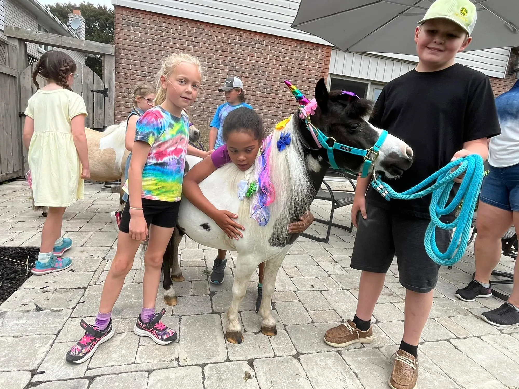 Child smiling beside a miniature horse