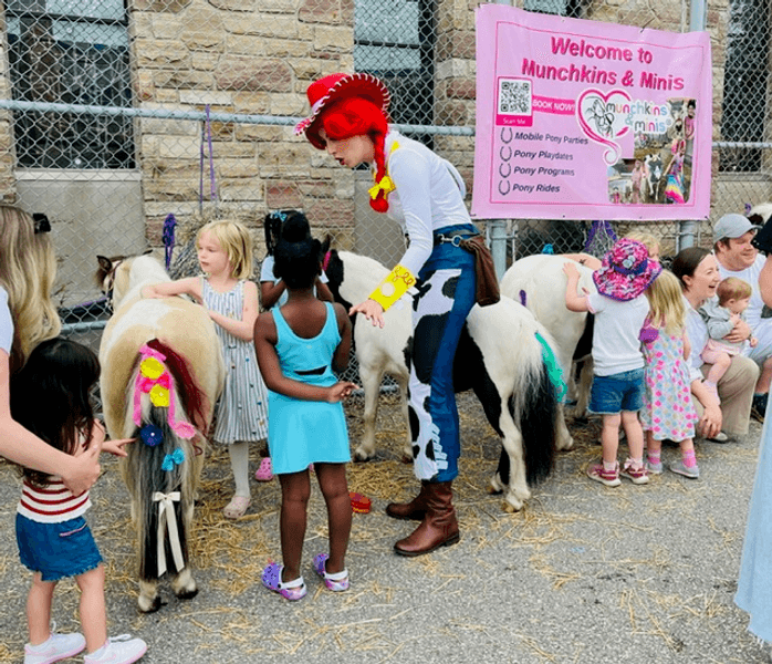Mini horse meeting birthday guests